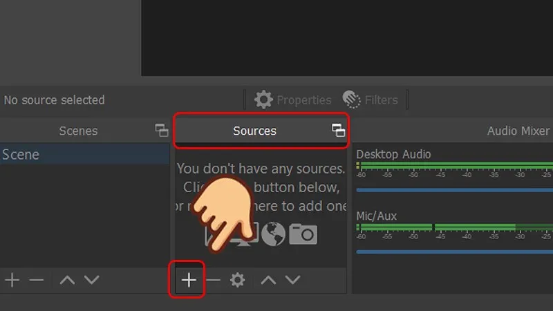 Thêm nguồn mới trong OBS Studio bằng biểu tượng dấu cộng (+), bước đầu cách live trên Twitch chuyên nghiệp