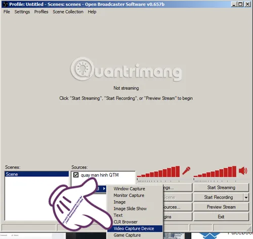 Thêm nguồn Video Capture Device để sử dụng webcam khi live video Facebook