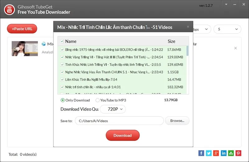 Theo dõi tiến trình tải video từ playlist YouTube bằng Gihosoft TubeGet với các tùy chọn chất lượng.