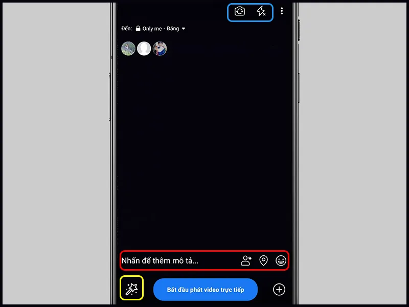 Thiết lập các tùy chọn như mô tả, hiệu ứng và camera trước khi phát sóng