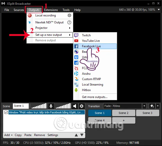 Thiết lập output Facebook Live từ XSplit Broadcaster, bước quan trọng trong cách live stream bằng XSplit