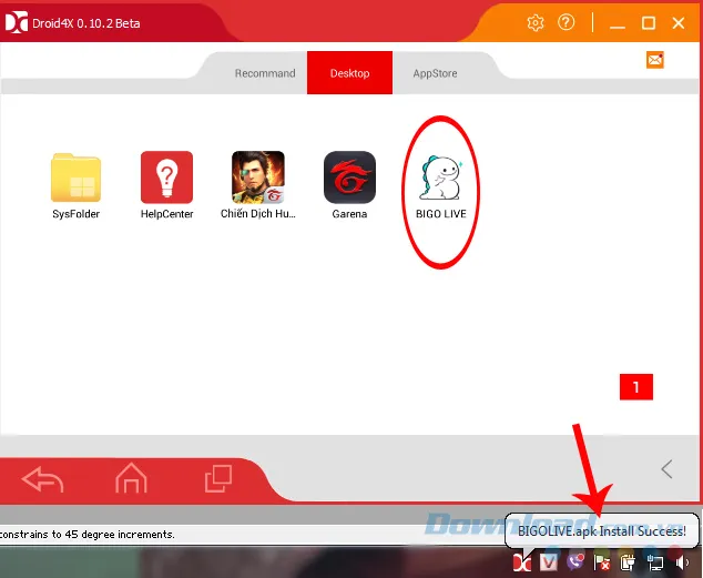Thông báo cài đặt Bigo Live thành công trên giả lập Droid4X và biểu tượng ứng dụng xuất hiện