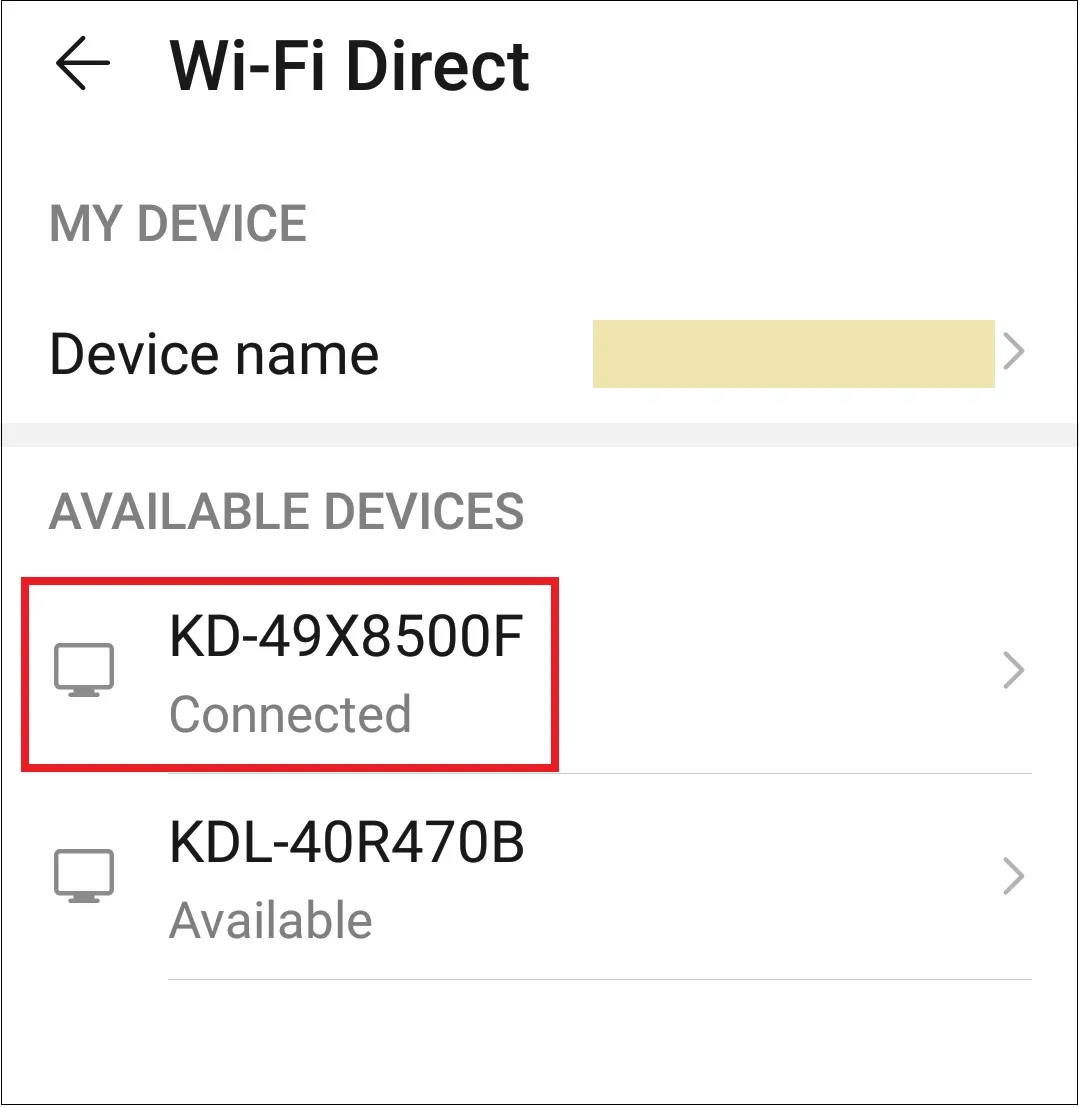 Thông báo 'Connected' xác nhận kết nối Wifi Direct thành công để tải video lên TV
