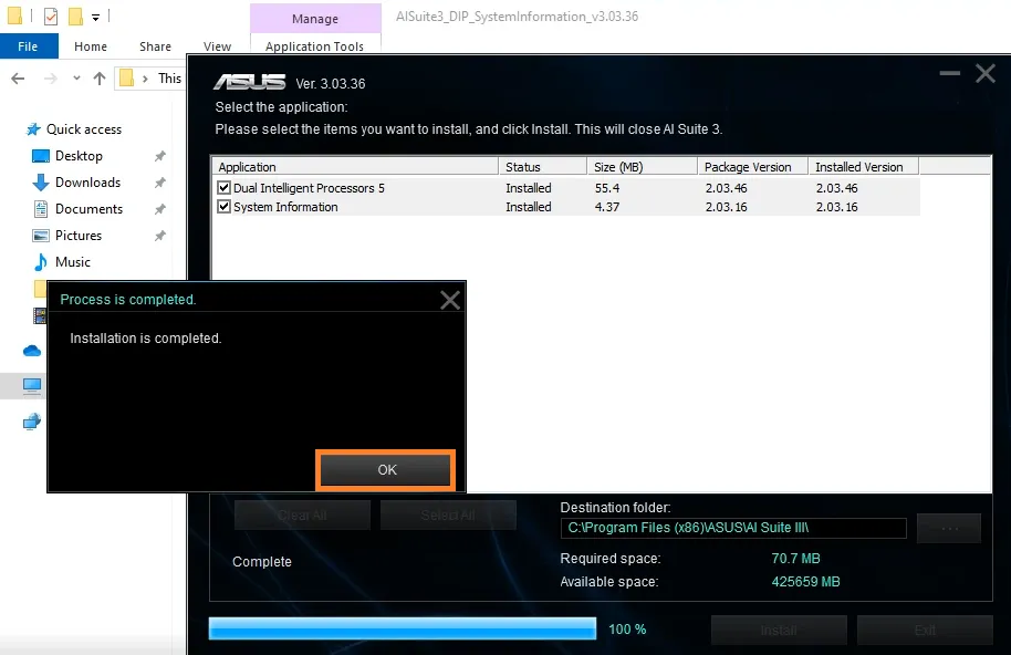 Thông báo hoàn tất cài đặt phần mềm trên máy tính ASUS, xác nhận rằng công cụ hỗ trợ tải video đã sẵn sàng sử dụng