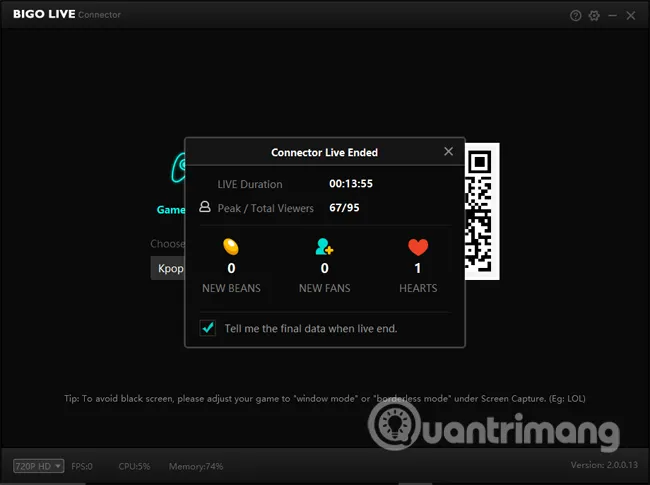 Thông báo kết thúc buổi live stream trên Bigo Live, hiển thị tổng thời gian phát sóng và các thông tin liên quan