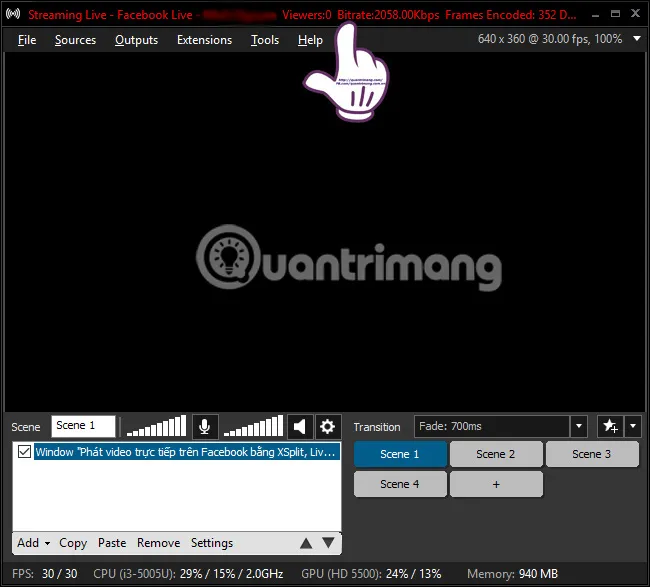 Thông báo xác nhận rằng livestream bằng XSplit đang diễn ra thành công trên Facebook