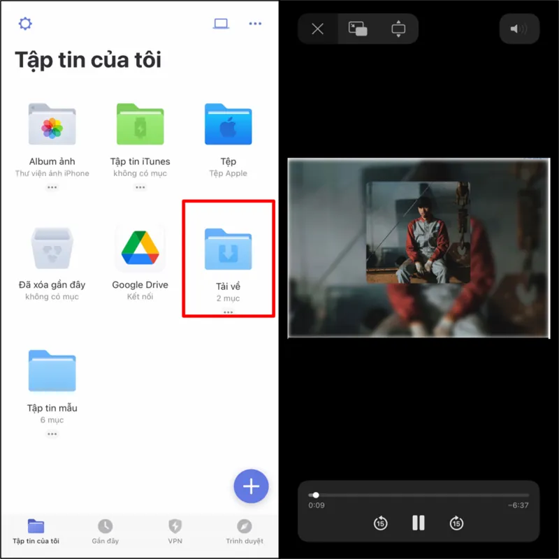 Thư mục "Tải về" trong ứng dụng Documents, hiển thị các bài hát đã tải về iPhone để làm video