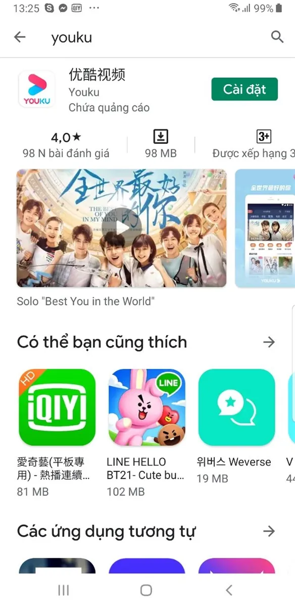 Tìm và cài đặt Youku trên CH Play để học làm YouTube tiện lợi
