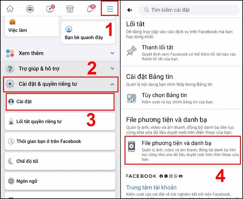Tìm và chọn mục File phương tiện và danh bạ trong cài đặt Facebook trên Android để thay đổi tùy chọn tải video HD