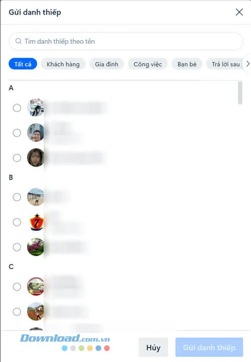 Tính năng gửi danh thiếp liên hệ nhanh chóng trên Zalo máy tính