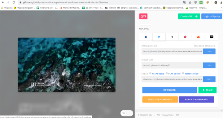 Xem trước và tùy chọn tải xuống hoặc chia sẻ ảnh GIF đã tạo từ YouTube trên GIFS.com