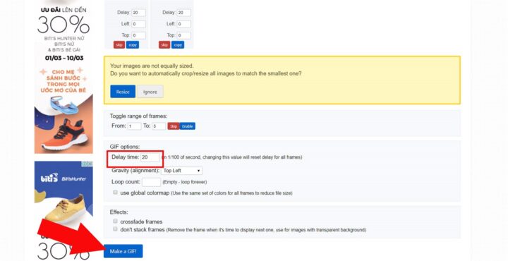 Thiết lập thời gian và tùy chọn chỉnh sửa cho ảnh GIF trên Ezgif.com sau khi tải video YouTube