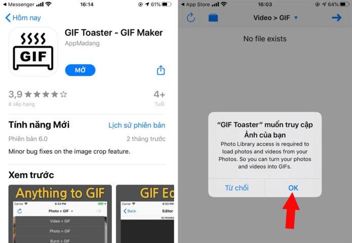 Cấp quyền và chọn loại nội dung để tạo GIF trong GIF Toaster từ video đã tải về