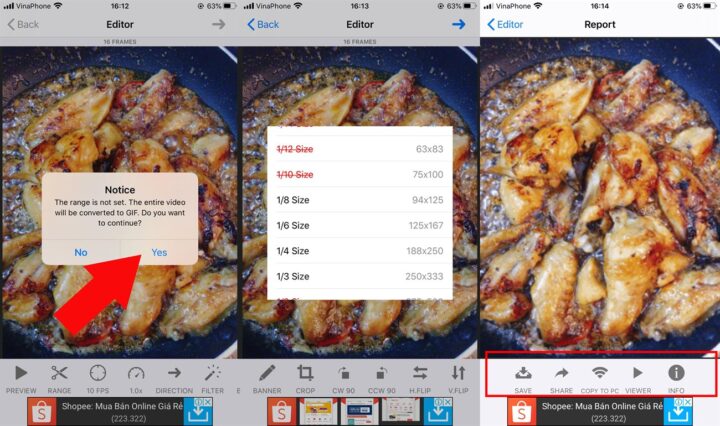 Chọn độ phân giải và lưu ảnh GIF đã tạo bằng GIF Toaster từ video YouTube đã tải về