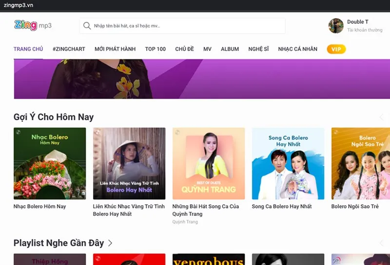 Trang chủ Zing MP3 với thanh tìm kiếm