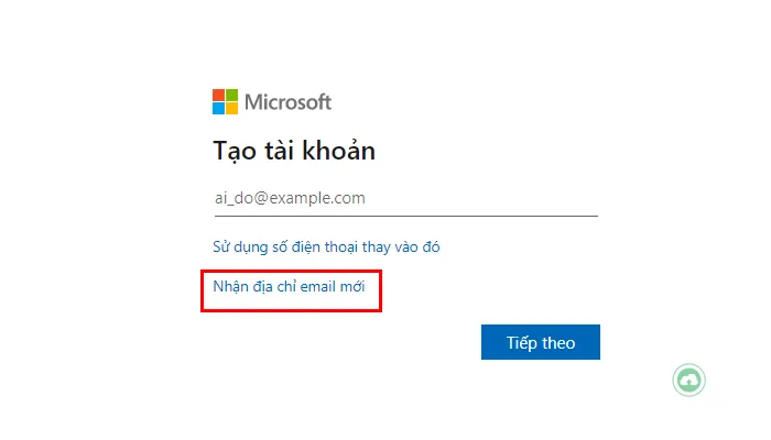 Trang đăng ký tài khoản Outlook mới, nơi bạn chọn "Nhận địa chỉ email mới"