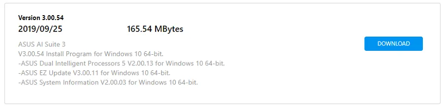 Trang tải xuống tiện ích trên website ASUS, hiển thị các phiên bản phần mềm cho từng hệ điều hành, trong đó có thể có các công cụ hỗ trợ tải video YouTube
