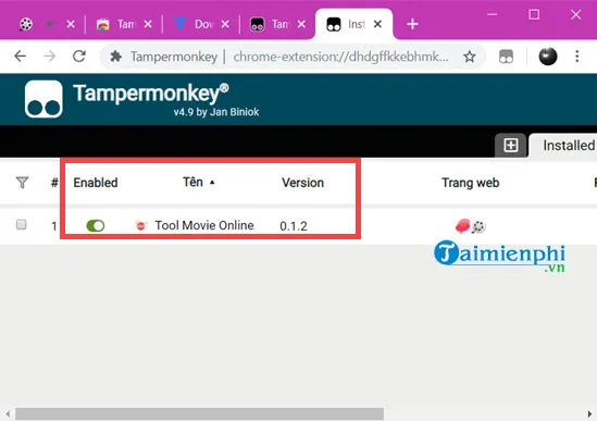 Trạng thái script Tampermonkey đã kích hoạt thành công