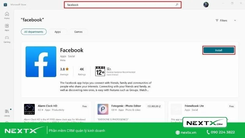 Trang ứng dụng hỗ trợ tải video trên Facebook về máy tính Win 10 trong Microsoft Store.