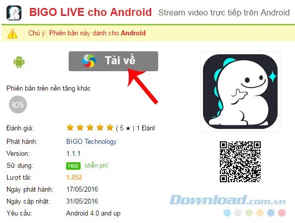 Trang web cung cấp tùy chọn tải xuống file APK của ứng dụng Bigo Live cho Android