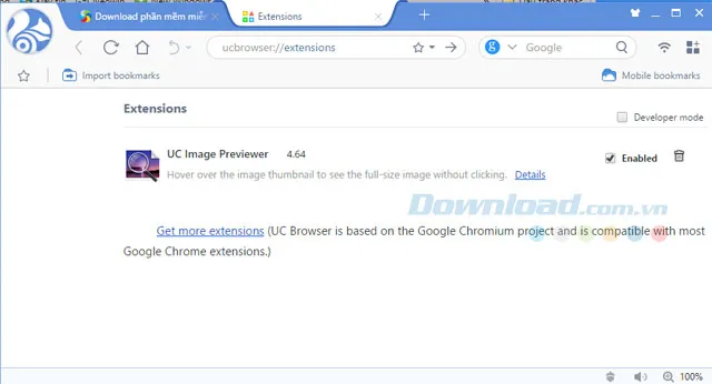 Trình quản lý tiện ích mở rộng trong UC Browser PC, cung cấp các công cụ hỗ trợ cho việc duyệt web và tải video trên UC Browser PC