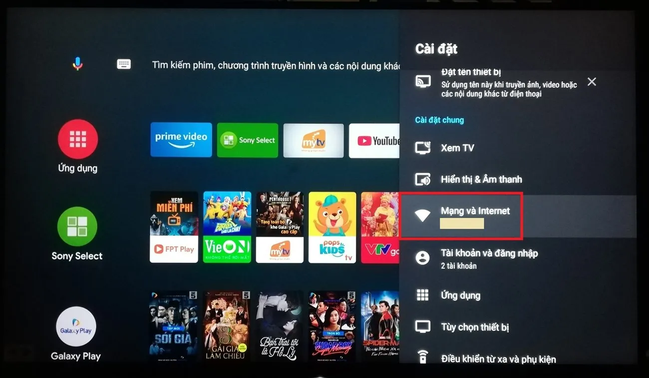 Trong cài đặt TV, chọn Mạng và Internet để tìm tùy chọn Wifi Direct