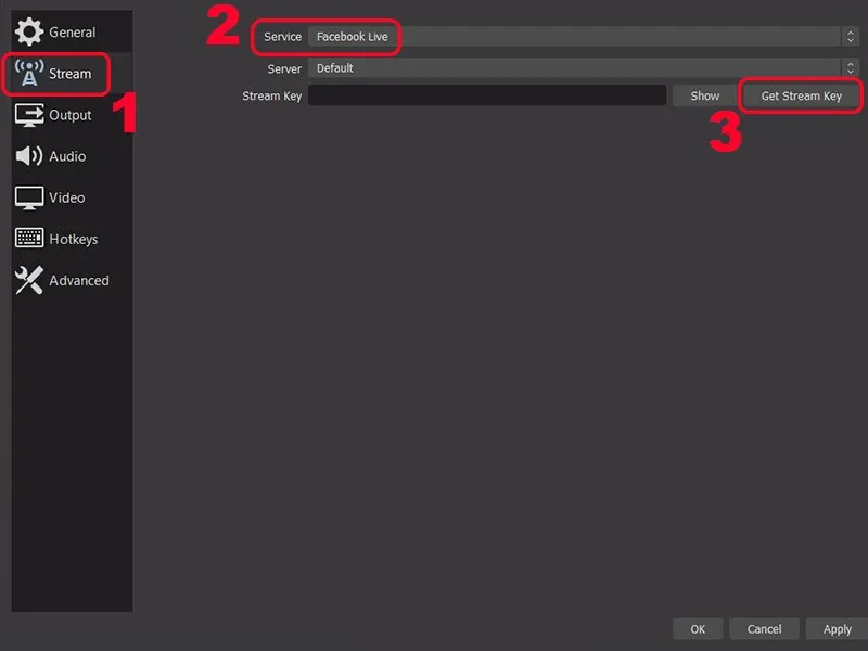 Trong phần cài đặt Stream của OBS Studio, chọn 'Facebook Live' làm dịch vụ phát trực tuyến game