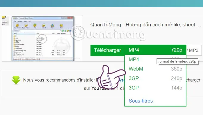 Tùy chọn chất lượng và định dạng khi tải video YouTube qua SaveFrom.net