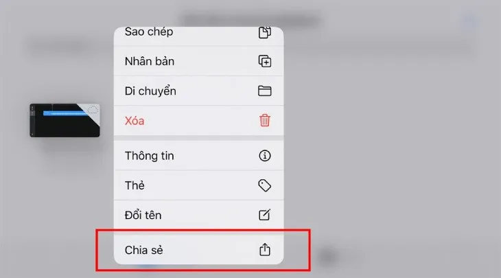 Tùy chọn chia sẻ tệp phương tiện từ ứng dụng, có thể liên quan đến việc xuất bản hoặc gửi video từ iPhone 6 Plus