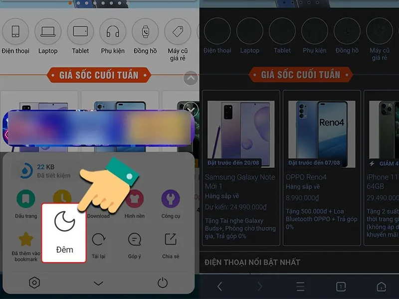 Tùy chọn chuyển đổi chế độ Sáng/Tối trong UC Browser, giúp cải thiện trải nghiệm đọc và xem video trên iPhone 4S.