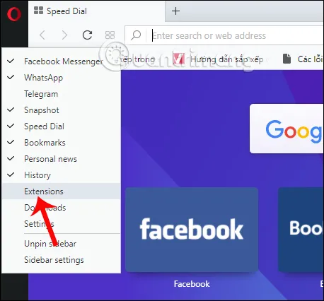 Tùy chọn hiển thị Extensions trong menu Opera