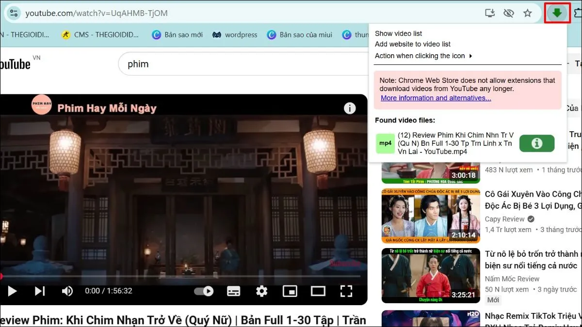 Tùy chọn tải video thông qua tiện ích mở rộng trên thanh công cụ của Chrome