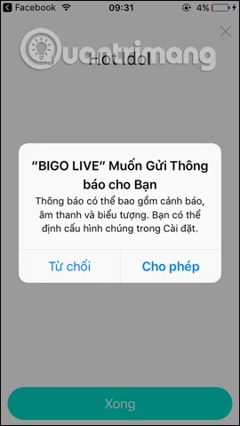 Ứng dụng Bigo Live trên điện thoại yêu cầu quyền nhận thông báo để người dùng không bỏ lỡ các cập nhật quan trọng