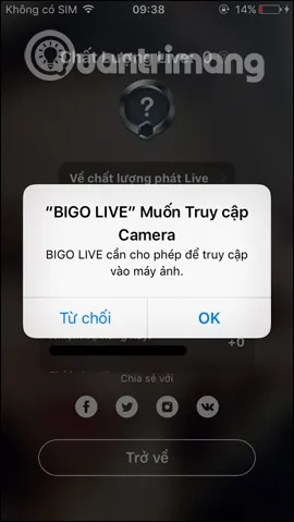 Ứng dụng Bigo Live trên điện thoại yêu cầu quyền sử dụng camera để quét mã QR và thực hiện các buổi live stream
