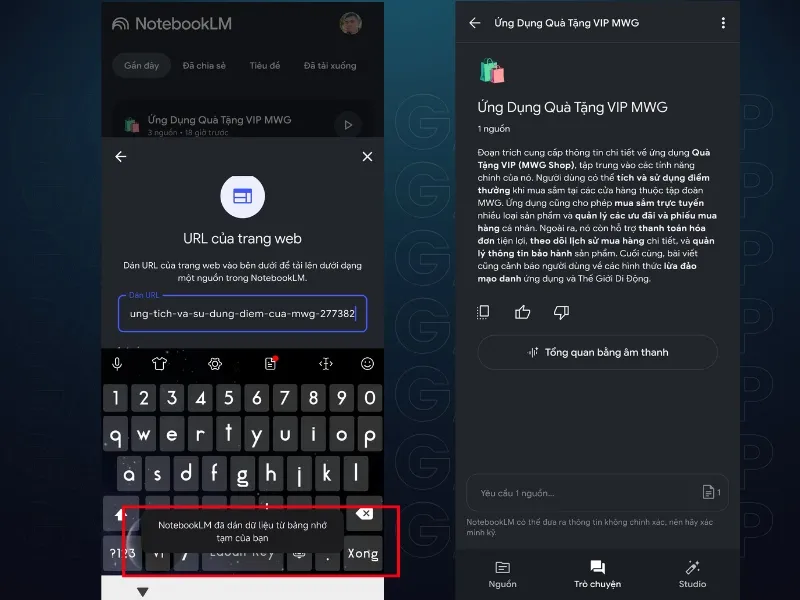  Vào lại ứng dụng Google NotebookLM và paste (dán) đường link vừa rồi