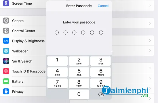 Xác nhận Passcode để thêm vân tay cho iPhone 6
