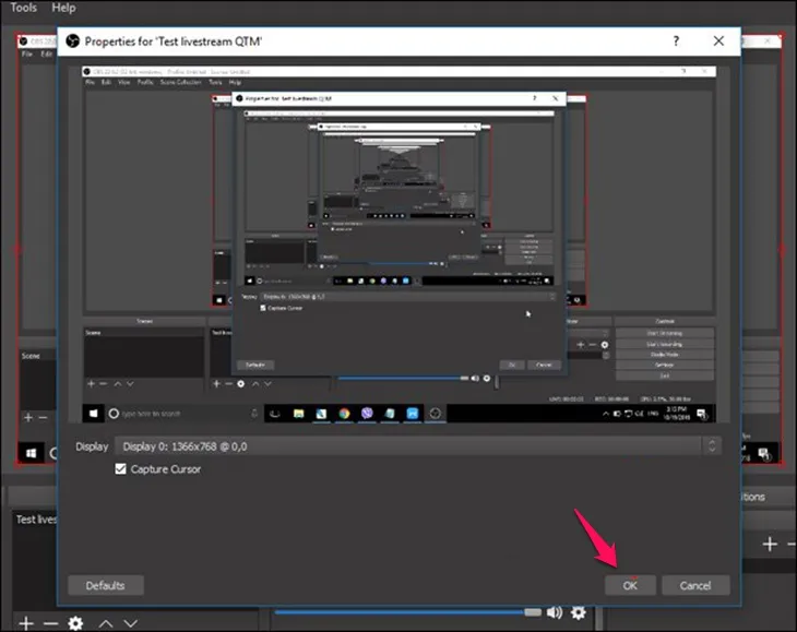 Xác nhận thuộc tính nguồn Display Capture trước khi thiết lập tải live stream Facebook