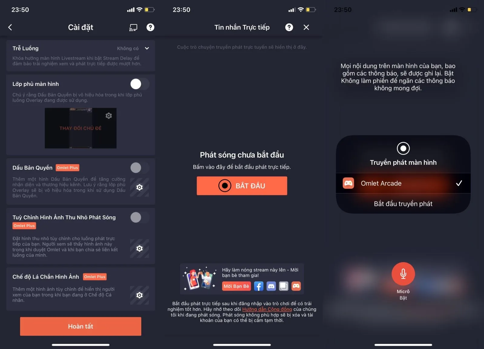 Xác nhận và bắt đầu live stream màn hình điện thoại iOS, với tùy chọn bật/tắt micro trong ứng dụng Omlet Arcade.