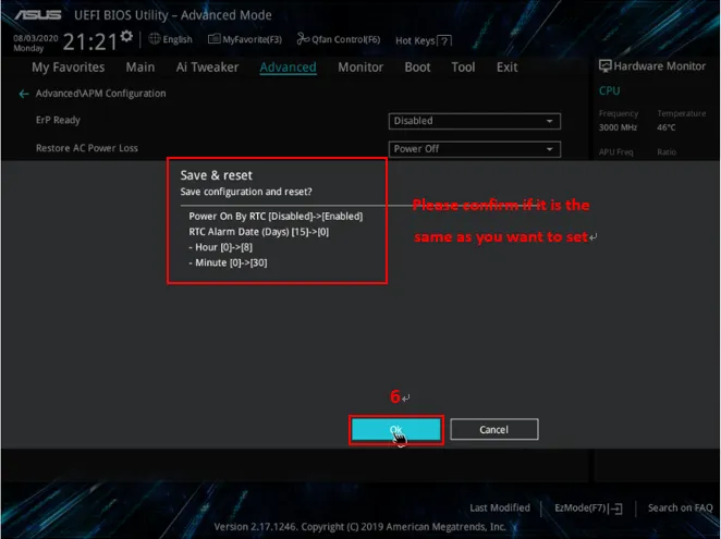 Xác nhận và lưu các thay đổi cài đặt BIOS trước khi thoát, đảm bảo cấu hình RTC được áp dụng.