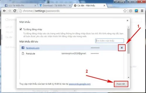 Ấn dấu X để xóa mật khẩu Facebook trên Chrome và Cốc Cốc
