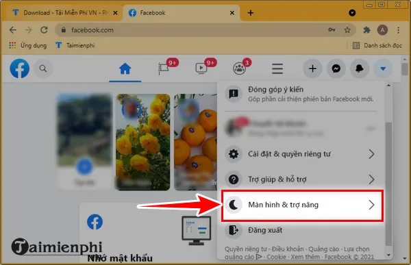 Ảnh chụp màn hình giao diện cài đặt Facebook, khoanh vùng mục 'Màn hình & Trợ năng'