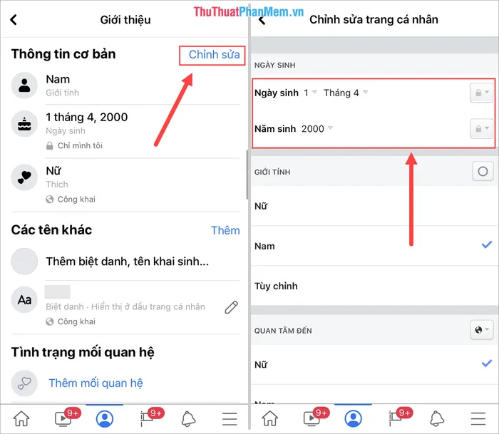 Ảnh chụp màn hình giao diện Chỉnh sửa thông tin giới thiệu, nhấn vào Chỉnh sửa để thay đổi Ngày sinh và Lưu