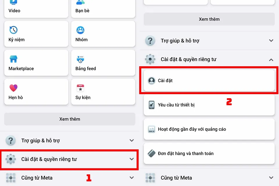 Ảnh chụp màn hình: Hướng dẫn chọn Cài đặt & Quyền riêng tư > Cài đặt trên ứng dụng Facebook