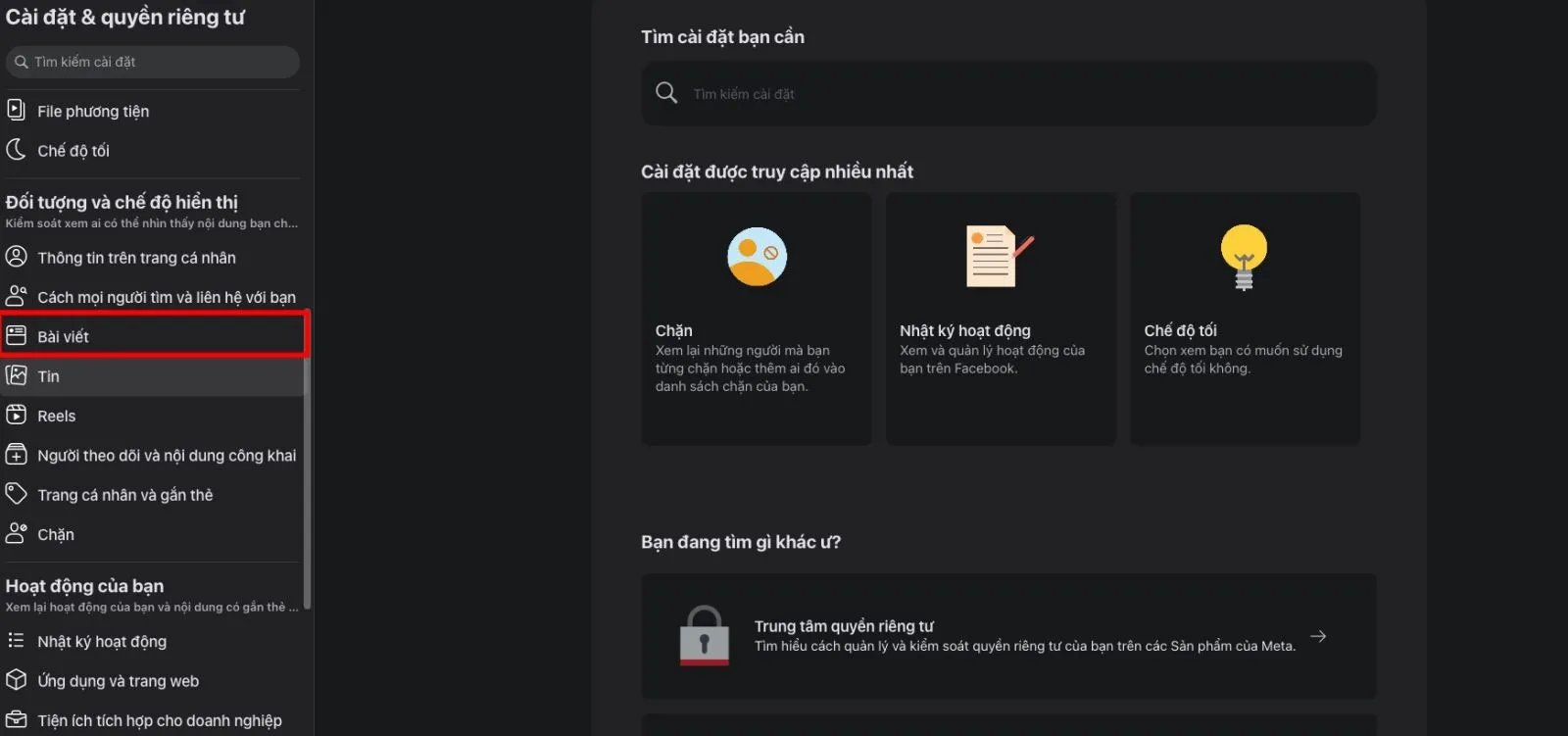 Ảnh chụp màn hình: Hướng dẫn chọn mục Bài viết trên Facebook PC