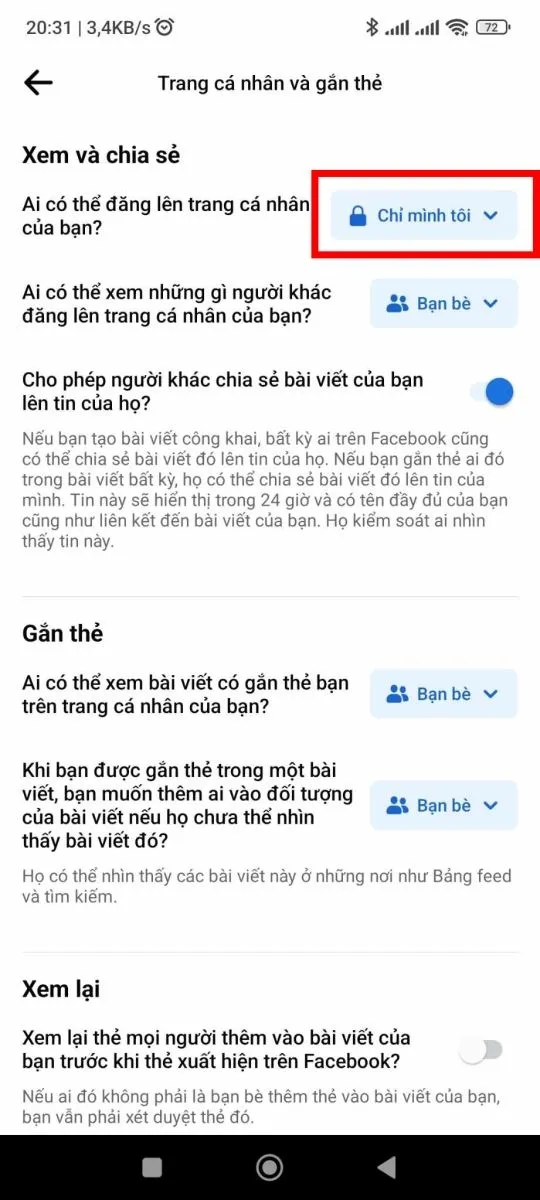 Ảnh chụp màn hình: Hướng dẫn đổi quyền đăng bài thành "Chỉ mình tôi" trên ứng dụng Facebook