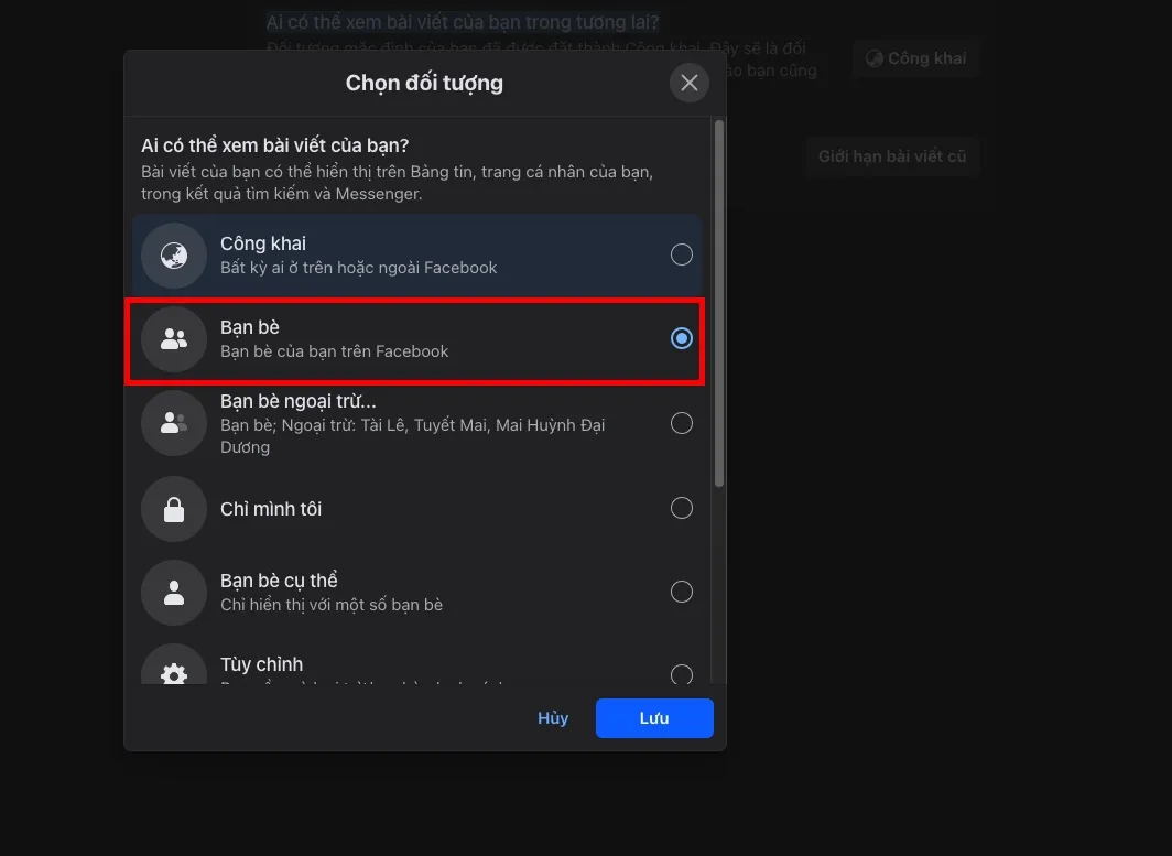Ảnh chụp màn hình: Hướng dẫn đổi quyền xem bài viết tương lai thành Bạn bè/Chỉ mình tôi trên Facebook PC