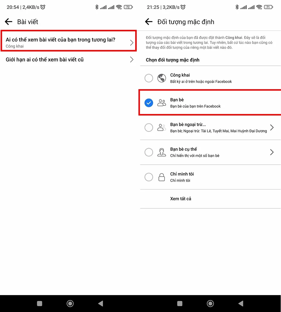 Ảnh chụp màn hình: Hướng dẫn đổi quyền xem bài viết tương lai thành Bạn bè/Chỉ mình tôi trên ứng dụng Facebook