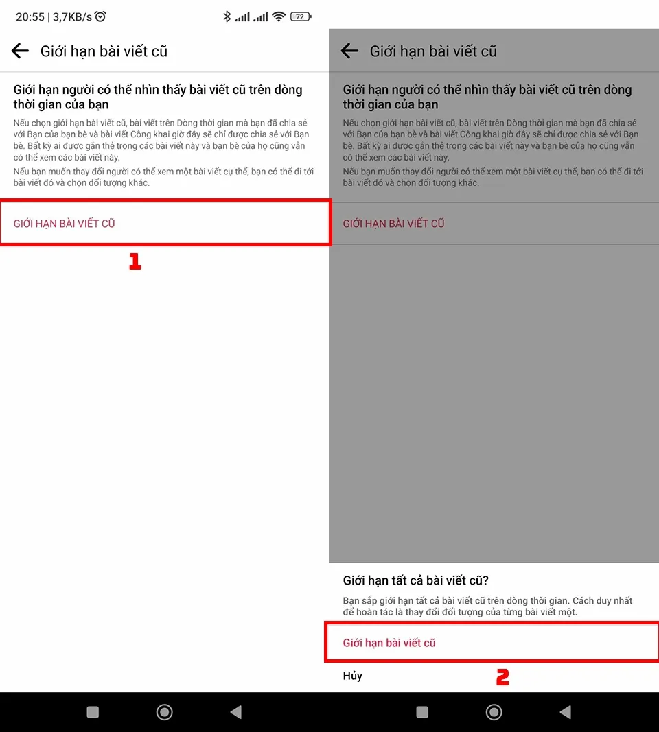 Ảnh chụp màn hình: Hướng dẫn xác nhận Giới hạn bài viết cũ trên ứng dụng Facebook
