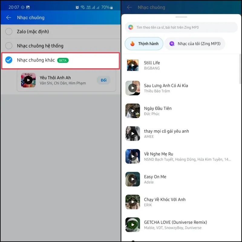 Ảnh minh họa quy trình cài nhạc chuông Zalo bằng bài hát riêng trên điện thoại