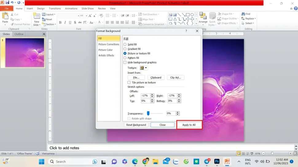 Áp dụng hình nền cho tất cả slide với Apply to All khi cài ảnh làm nền powerpoint
